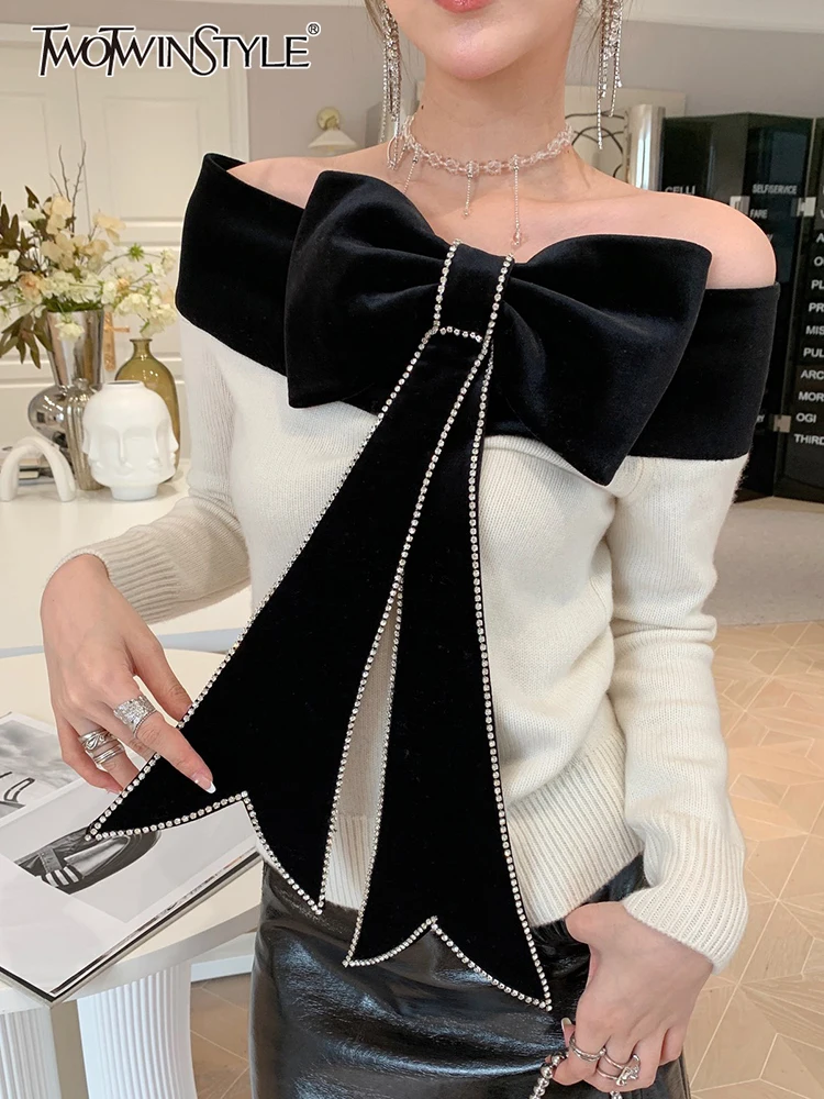 

TWOTWINSTYLE Sweet Knitting Pullovers For Women Slash Neck Loose Long Sleeve Patchwork Bowknot Sweaters Female 2022 Spring Style