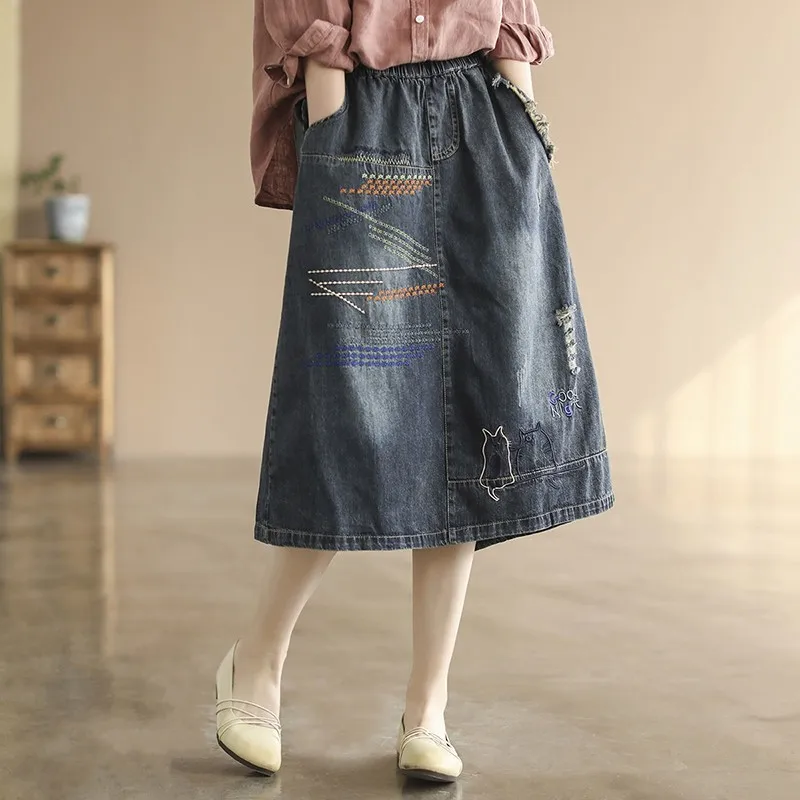 

2022 New Arrival Summer Arts Style Women Casual Cotton Denim Cartoon A-line Embroidery Skirt All-matched Mid-calf Skirts P398