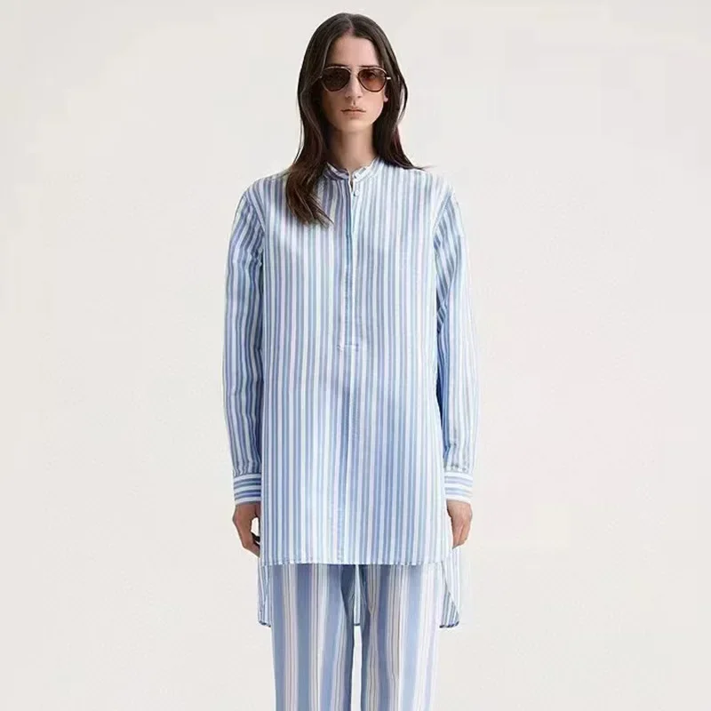 

Women's Cotton Mulberry Silk Shirt Blue Striped Tops Loose Casual Blouse Mid-length Summer Streetwear Blouses Shirts