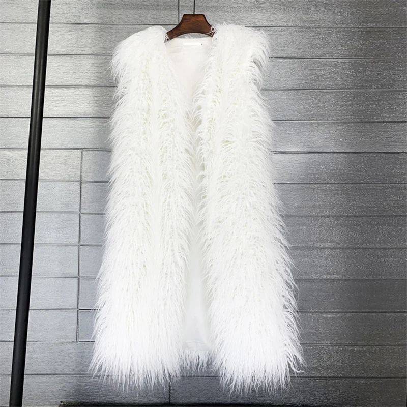 Faux Mongolia Sheep Fur Women Long Vest Colorful Warm Faux Fur Big Size Plush Coats Female Jacket Autumn Winter Furry Outerwear