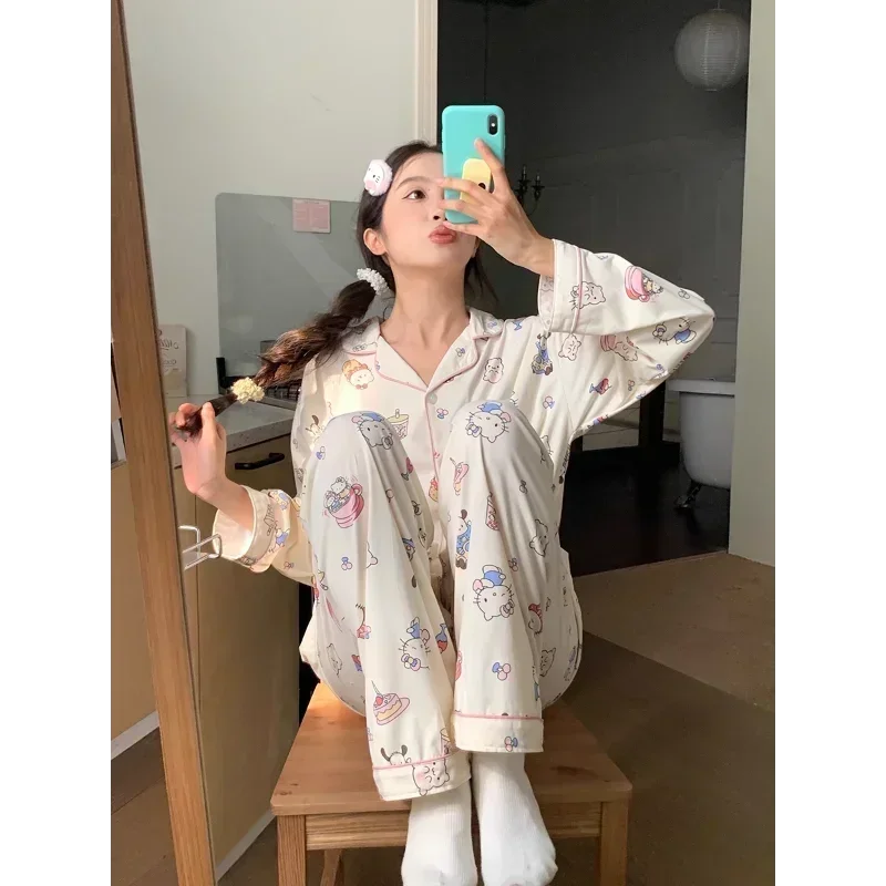 Sanrio Hello Kitty шелковые пижамы женские осенние брюки из чистого хлопка с длинными