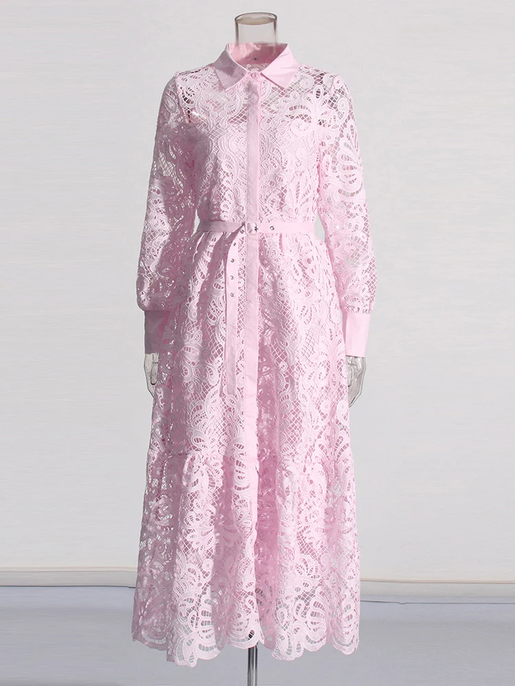 Женское ажурное платье с поясом VGH элегантное лоскутное отложным воротником и