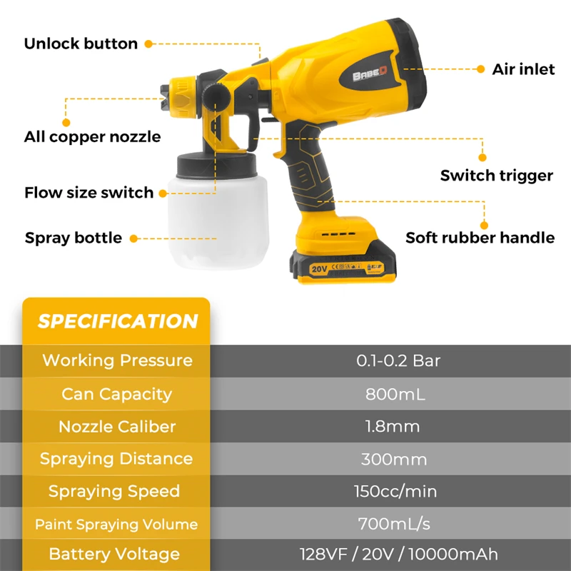 Электрический пистолет-распылитель 800 мл беспроводной распылитель краски с