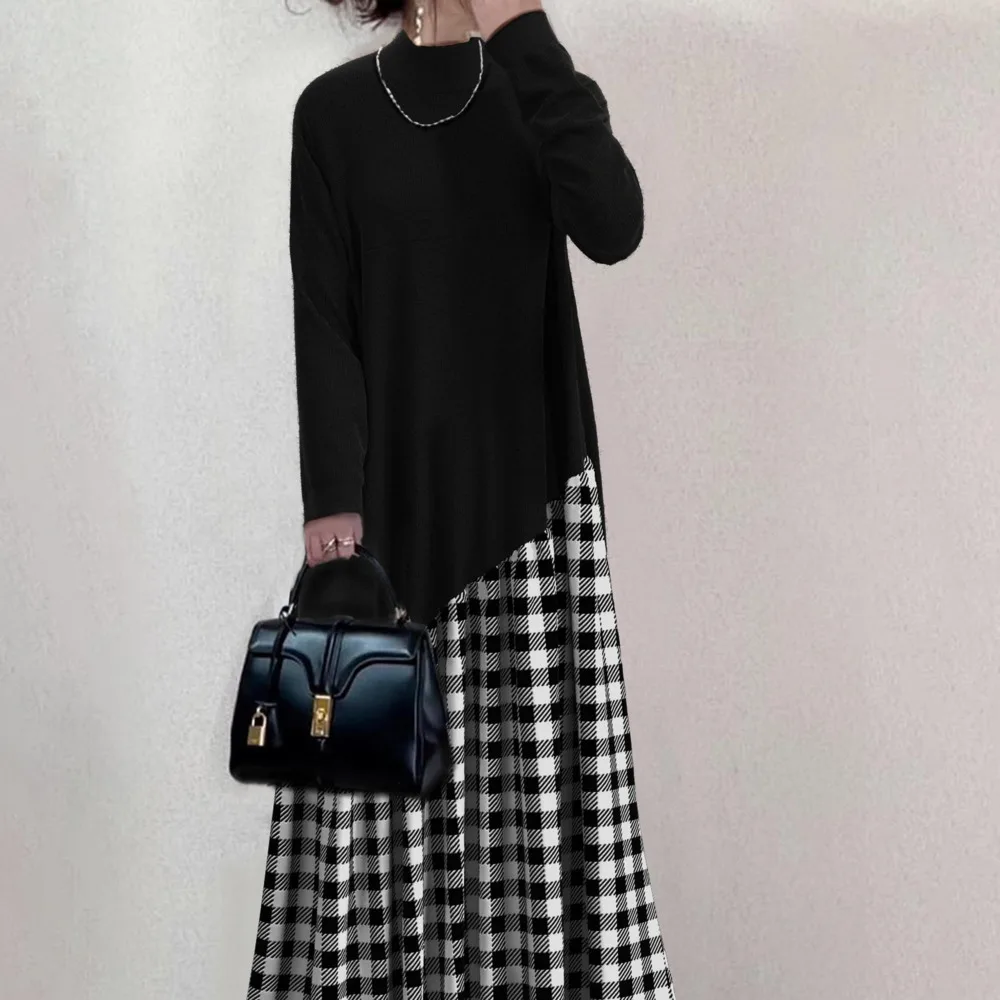 

Autumn and winter new Japanese hem plaid patchwork dress long skirt