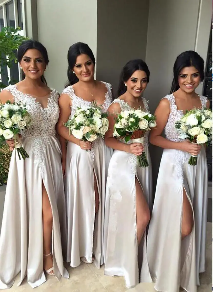 

New A Line Bridesmaid Dresses Scoop Floor-Length Lace Applique Satin long Thigh-High Slits Wedding Party Events