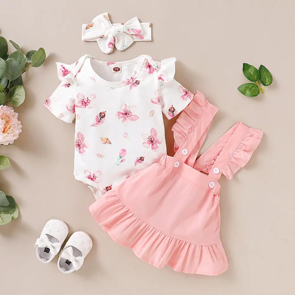 

3-piece Baby Girl Clothes Toddler Floral Print Bodysuit Suspender Headband Set Newborn Infant Baby Girls Ruffled Sunflower