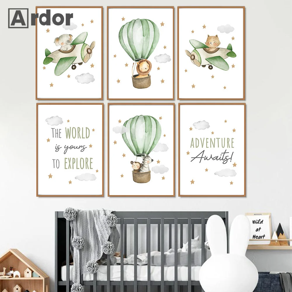 

Животные Искусство Холст Живопись Лев Слон горячий воздушный шар самолёт искусство печать на стене картины для мальчиков декор комнаты