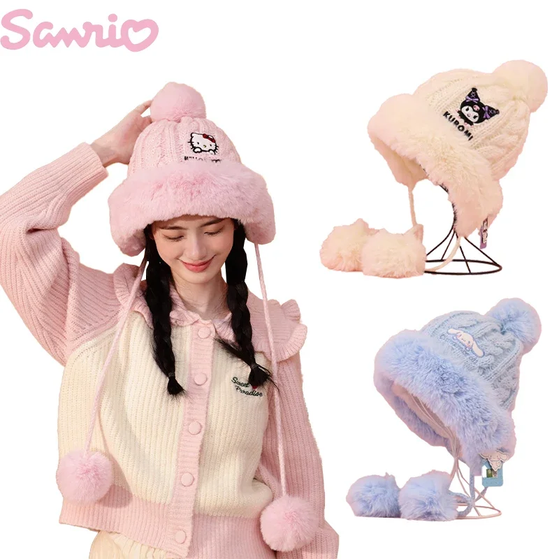 

Sanrio Hello Kitty Kuromi Cinnamoroll Plush Hanging Ball Cap Women Winter Cute Cartoon Anime Padded Hat Heart Thunderbolt Hat