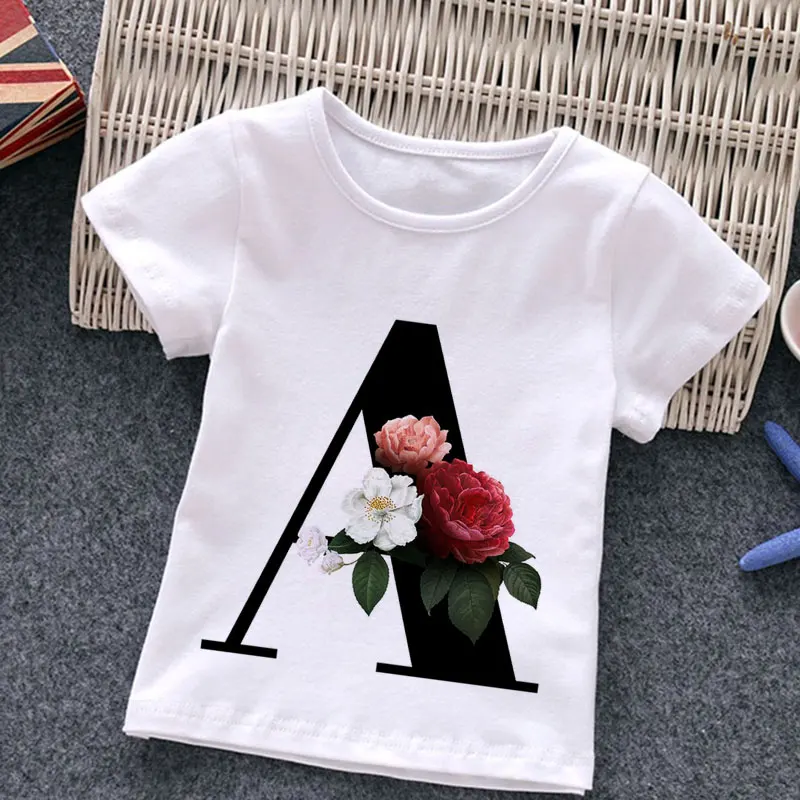 Fashion Alphabet Girls Tshirts Unisex Summer New T-shirt Harajuku Retro Boy Clothes Flowers Element Nice Round Neck Kids Tshirt
