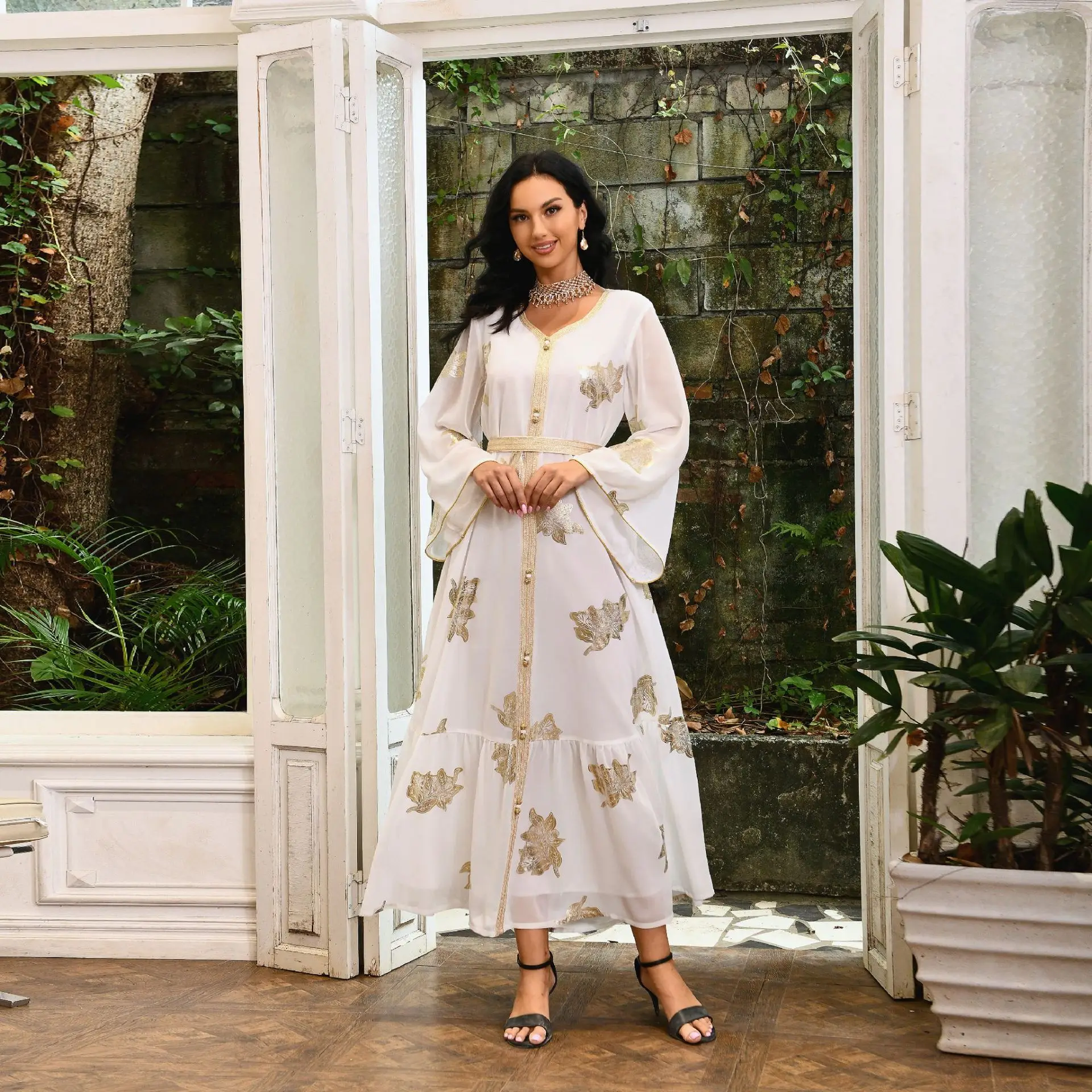 2023 New Fashion Hot Stamping Chiffon Bronzing Plus Size Dress Abaya Dubai Muslim Dress Women Abendkleider Elegant Für Hochzeit