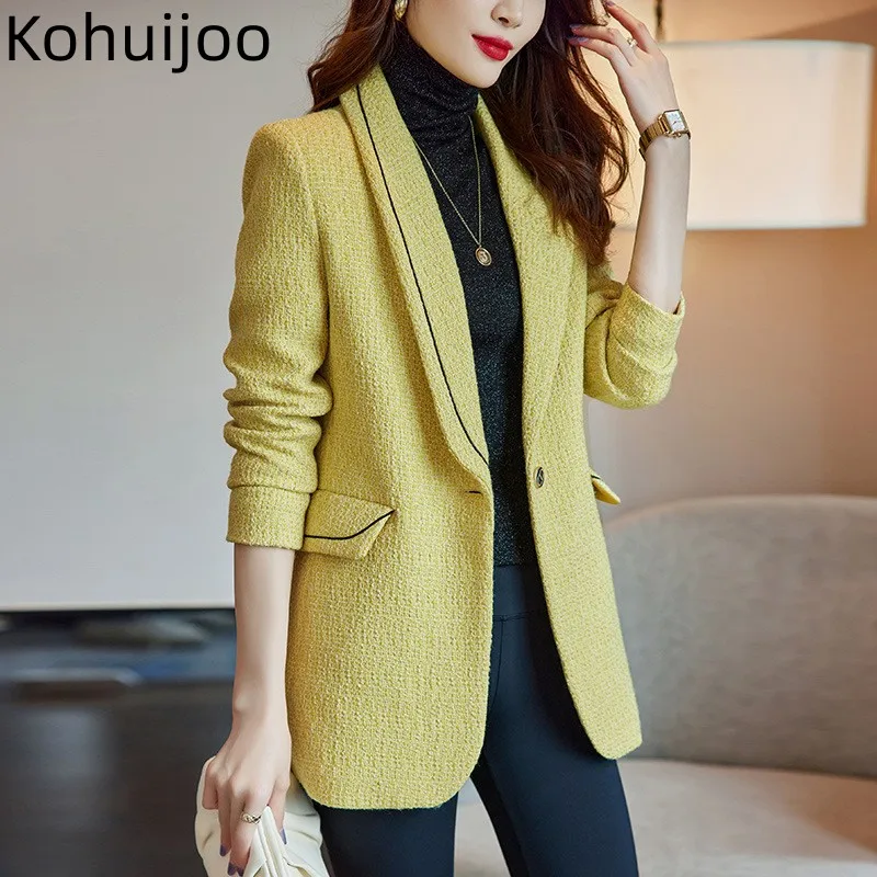 Kohuijoo Tweed Woolen Jacket Women Yellow Spring Autumn 2023 Korean Fashion Elegant Plus Size Slim Formal Coat One Button