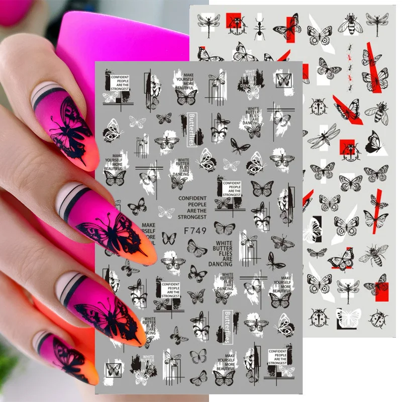 

Black White Butterfly Nail Stickers Interesting Inserts Nail Decors 3D Adhesive Sliders Decals Foils Wraps Decoration Manicure