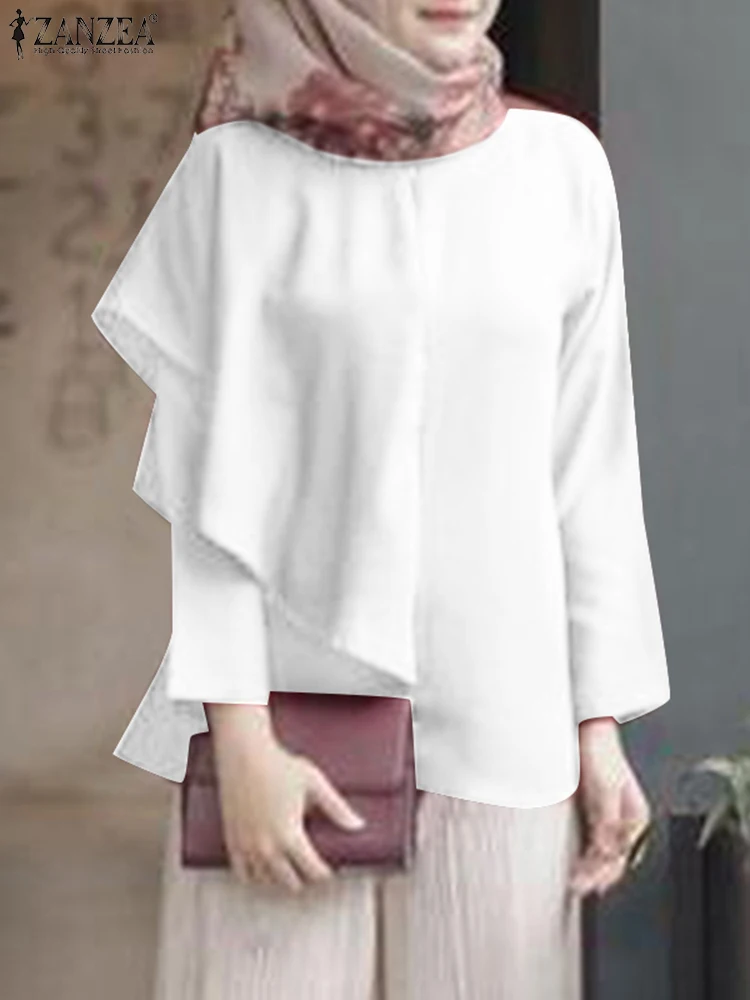 

ZANZEA Elegant Spring Women Solid Muslim Blouse Casual Loose Holiday Shirts Full Sleeved O-Neck Ruffles Abaya Kaftan Tops