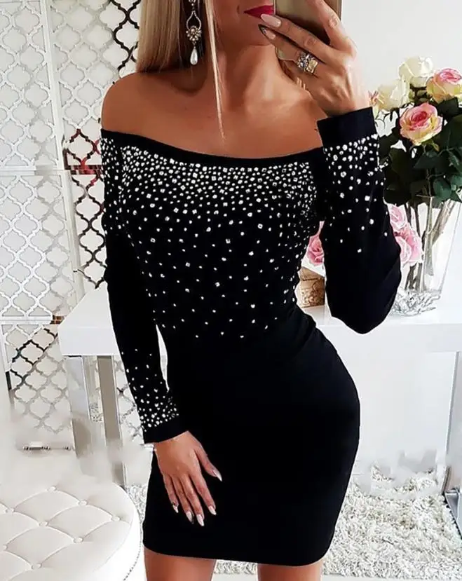 Sexy Dresses for Women 2023 Summer OTTD Hot Stamping Patchwork Off Shoulder Long Sleeve Bodycon Fashion Mini Dress