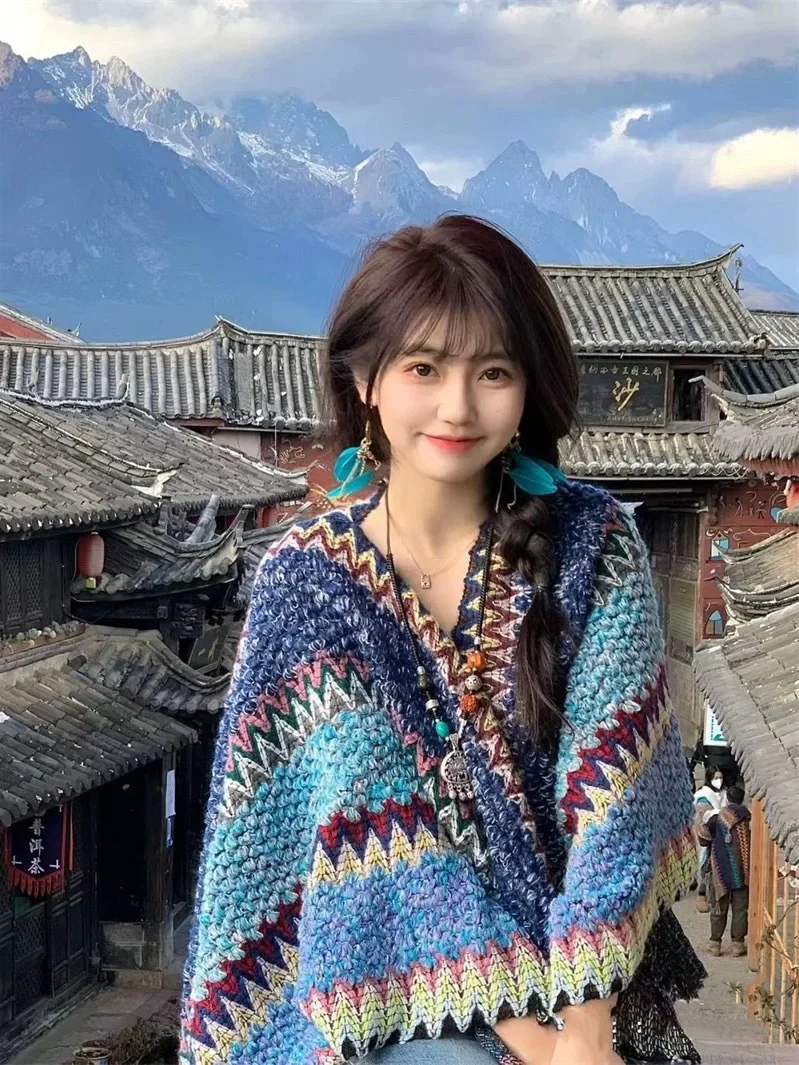 WeHello-пончо оверсайз для женщин свитер в полоску свободная накидка Женская шаль