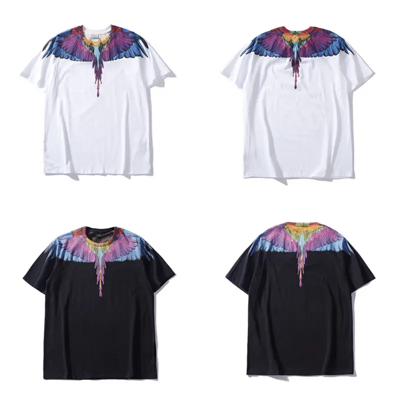 

Summer Men's Black and White Stitching Feather Print Breathable T-shirt Short-sleeved Couple Loose Upper Half-sleeve