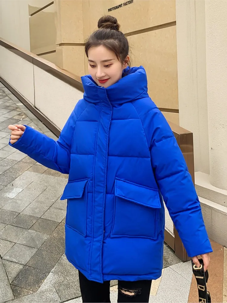 2022 Autumn Winter Thicken Warm Medium Long Chic Parka Women Casual Sweety Solid Big Pocket Loose Hooded Coats Jackets Outwear