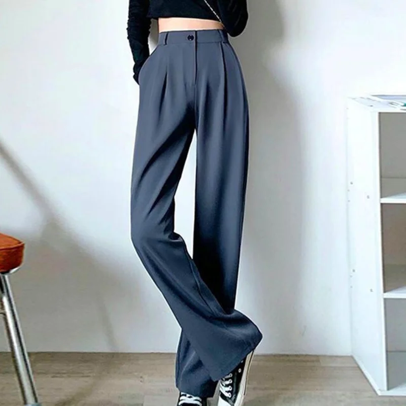 

Fashion Thin Women Wide Leg Pants Summer High Waist Elastic Office Lady Loose Trousers Vintage Korean Solid Straight Pants New