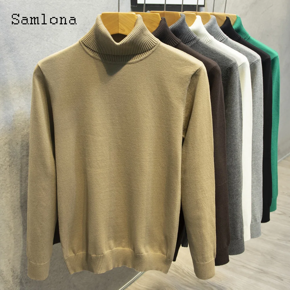 Samlona Plus Size Men Autumn New Knitting Sweaters Winter Warm Pullovers Mens Turtleneck Tops Knitwear Kpop Draped Jumpers 2022