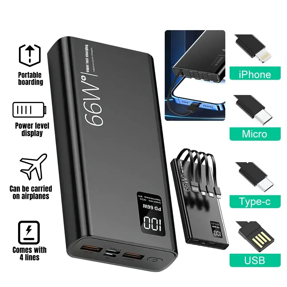 Фото Power Bank 100000 мАч для Xiaomi iPhone Samsung 66 Вт, сверхбыстрая зарядка для 22,5 Вт, встроенный 4 кабеля, портативный цифровой внешний аккумулятор №5