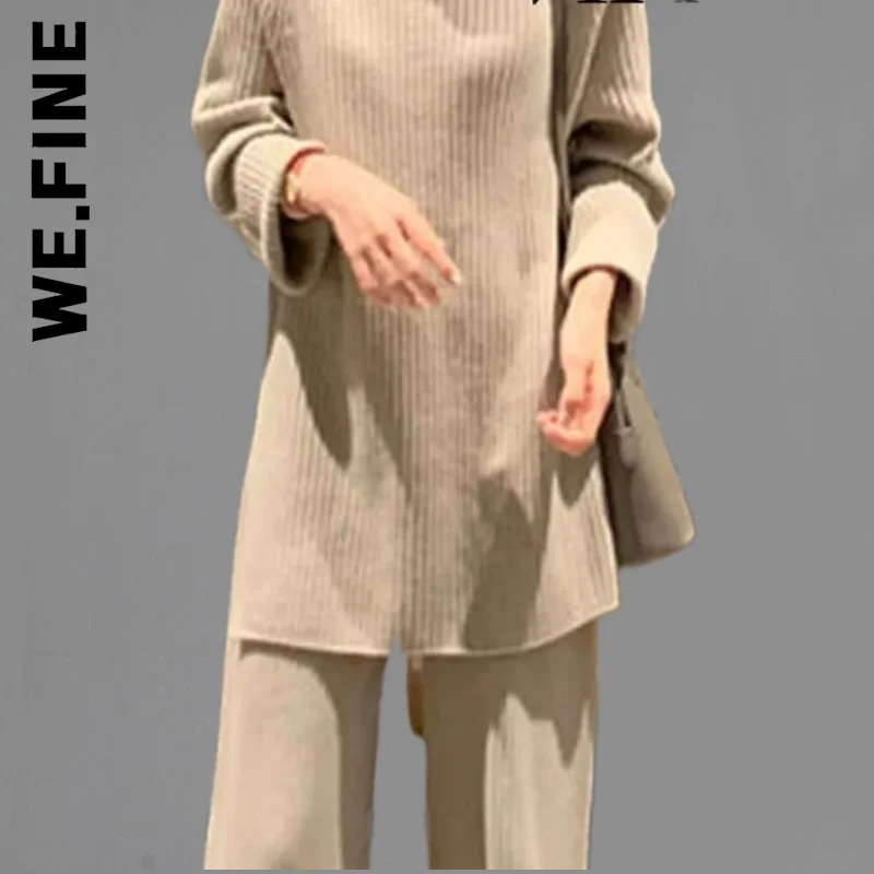 We.Fine Casual Two-piece Sweater Long Sleeve Top Thick Sweaters Women Long Sleeve Solid Color Knitted Winter Women Two-piece