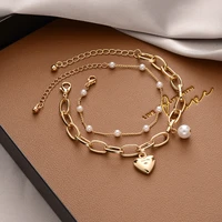 2022 korean fashion heart pearl charm bracelet for women girls double layers cute chain bracelet bangle girlfriend jewelry gifts