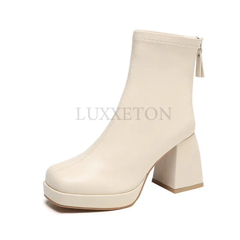 Women Ankle Boots Female Pu Square Toe Block Heels Short Ladies Keep Warm Side Zipper New Autumn Winter