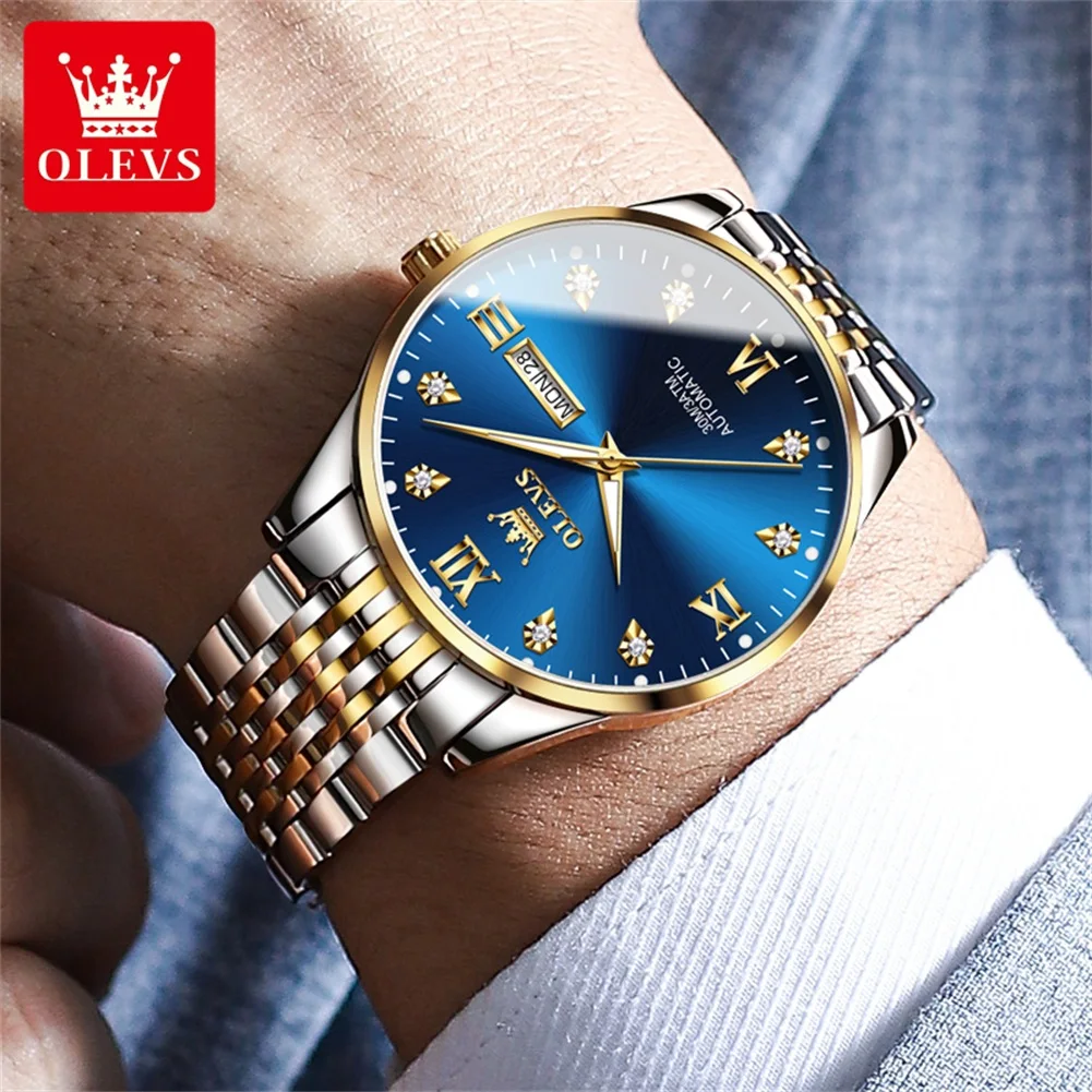 Мужские автоматические механические часы OLEVS роскошные золотые для мужчин