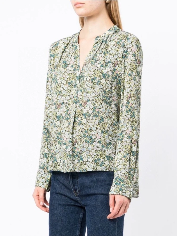2022 Spring New Green Floral Print zv Shirt Long Sleeve V-neck Women Shirts