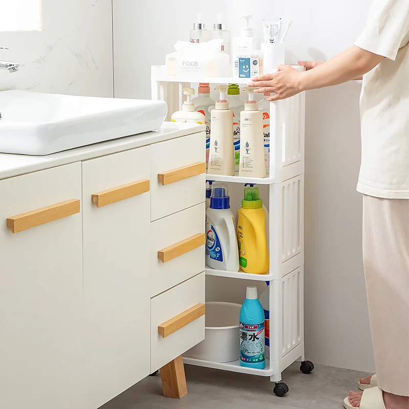 

Household Gap Storage Shelves Bathroom Toilet Multilayer Plastic Storage System Belt Wheel Removable Toilet Holder
