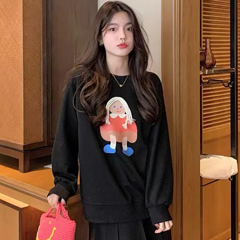 

Cartoon Girls Print Sweatshirt Women Round Neck Hoodies Autumn Long-Sleeved Tops Female Fashion Casual Tracksuit Pullover Clothe