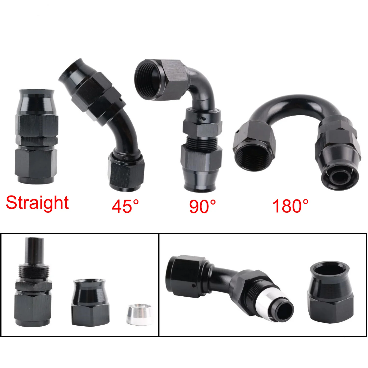 Black AN4/AN6/AN8/AN10/AN12 PTFE Hose End Fitting Adapter Straight 45 90 180 Degree for Oil Fuel Gas Hose Line