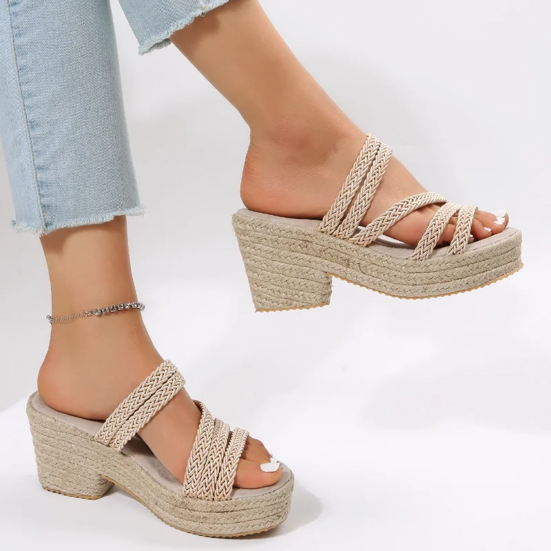 

Women's Shoes Summer Fahion Vintage Hemp Open Toe Chunky Heel Women's Slippers Outdoor Platform Ladies Slippers Female Sandals