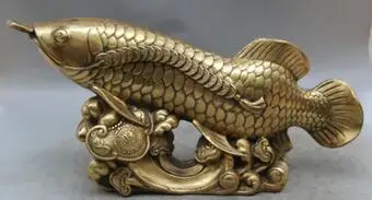 

16" Lucky Chinese Folk Feng Shui Brass Barracuda Fish Animal Money Wealth Statue decoration bronze factory outlets