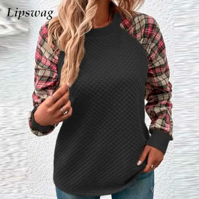 

Autumn O Neck Long Sleeve T-Shirts Women Casual All-match Office Pullover Fashion Plaid Print Patchwork Women Tops Sweatshirt