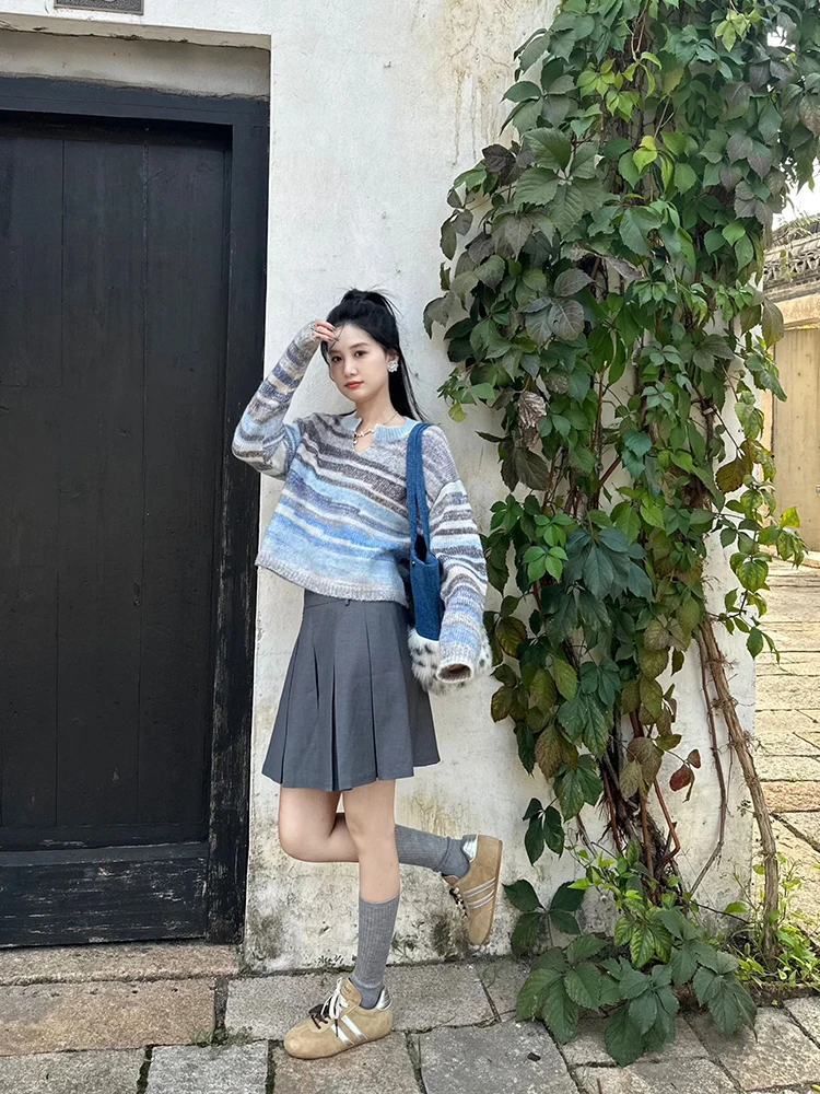 Early Autumn Small Wear Design Gradient Stripe Mohair Woolen Sweater Women Loose Slimming Short Top