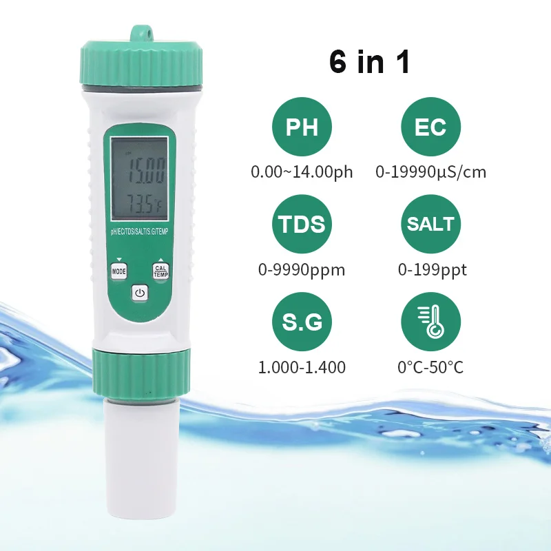 6 In 1 PH Meter EC TDS Salinity S.G Temp High Precision Water Quality Testing Acidity for Drinking Laboratory Aquarium |