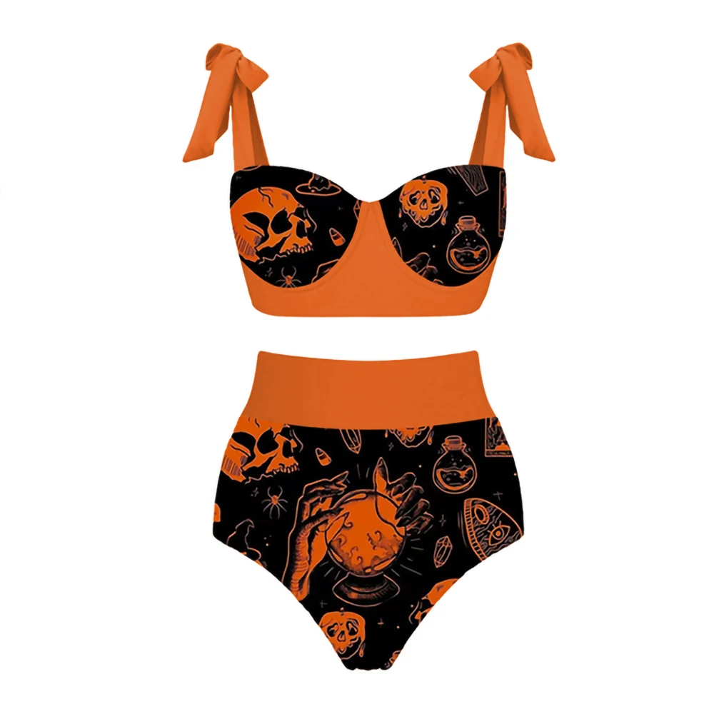Halloween Print Backless Bikini Trend Slim Swimwear Fashion Funny High Waist Split Push Up Swimwear Beach Skirt 2022 Women