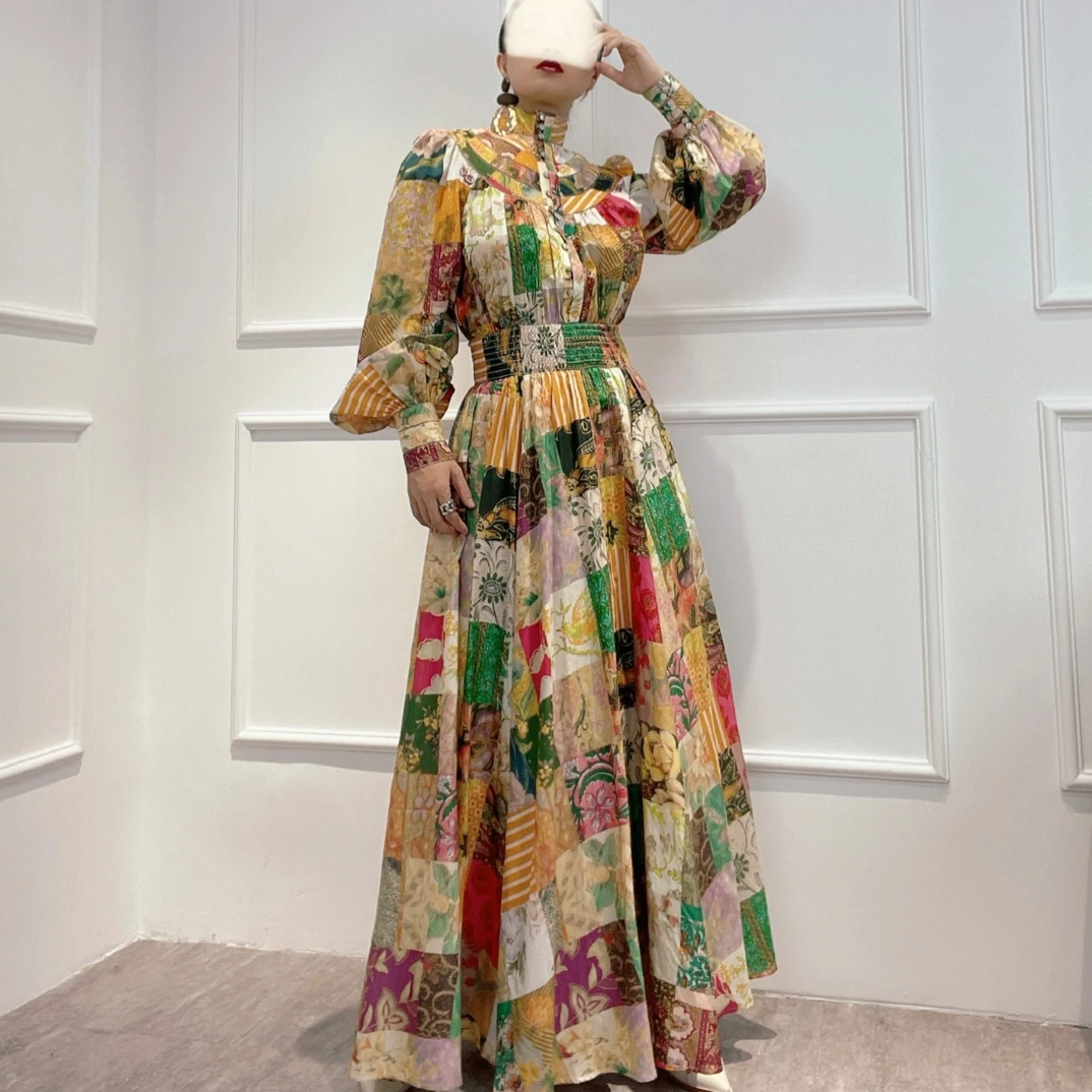 

2022 New Summer Women High Quality Lantern Sleeves Colorful Flower Print Plaid Ankle Length Dresses