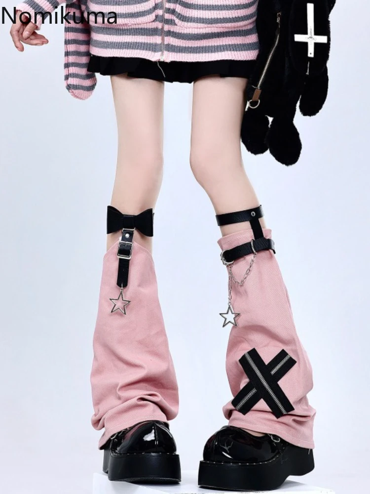 2024 кожаные гетры Harajuku Y2k с бантом черные белые розовые серые носки пряжкой в