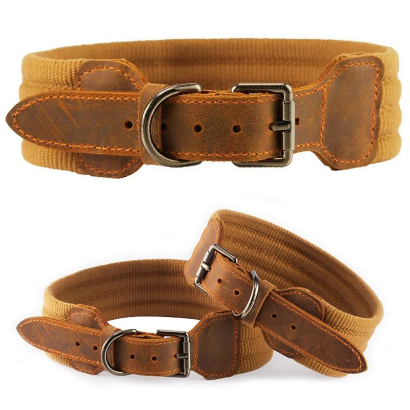 

Широкий собачий ошейник, мягкая подкладка из хлопка, тактический собачий ошейник из натуральной кожи для средних и крупных собак, собачий о...