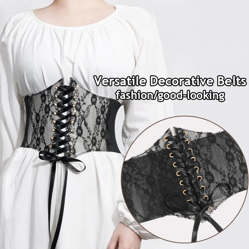 

Women Waist Belts Corset Wide Black Lace Slimming Body Belts Elastic Waistband Adjustable Lady Dress Girdle Sweet Lace-up Belts