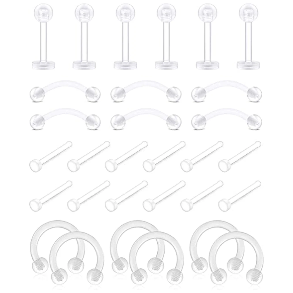 

30 шт. Акриловые Гибкие прозрачные Кольца для бровей губ Нос Кольца хрящевой пирсинг для уха комплект ювелирных изделий