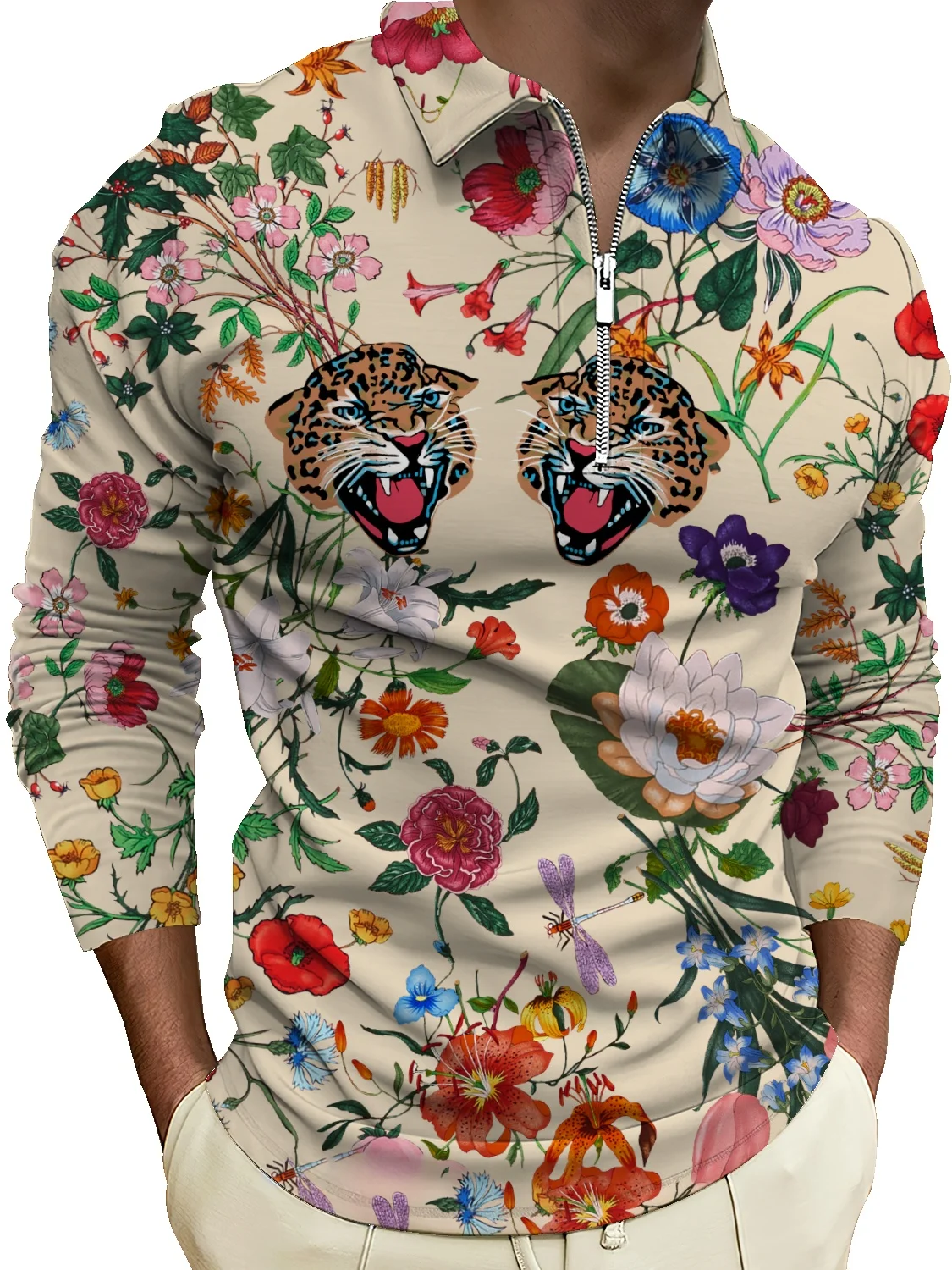 

Мужская приталенная рубашка-поло на молнии с принтом чернил