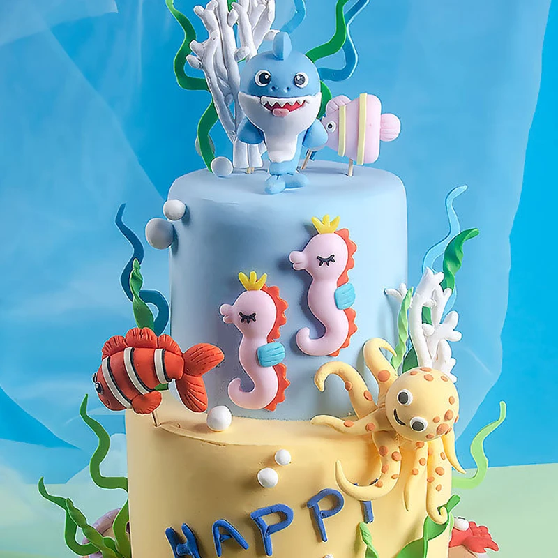 

Ocean Animals Cake Decor Happy Mermaid Girl Birthday Party Mermaid Shark Dolphin Cake Topper Under The Sea For Kids Baby Shower