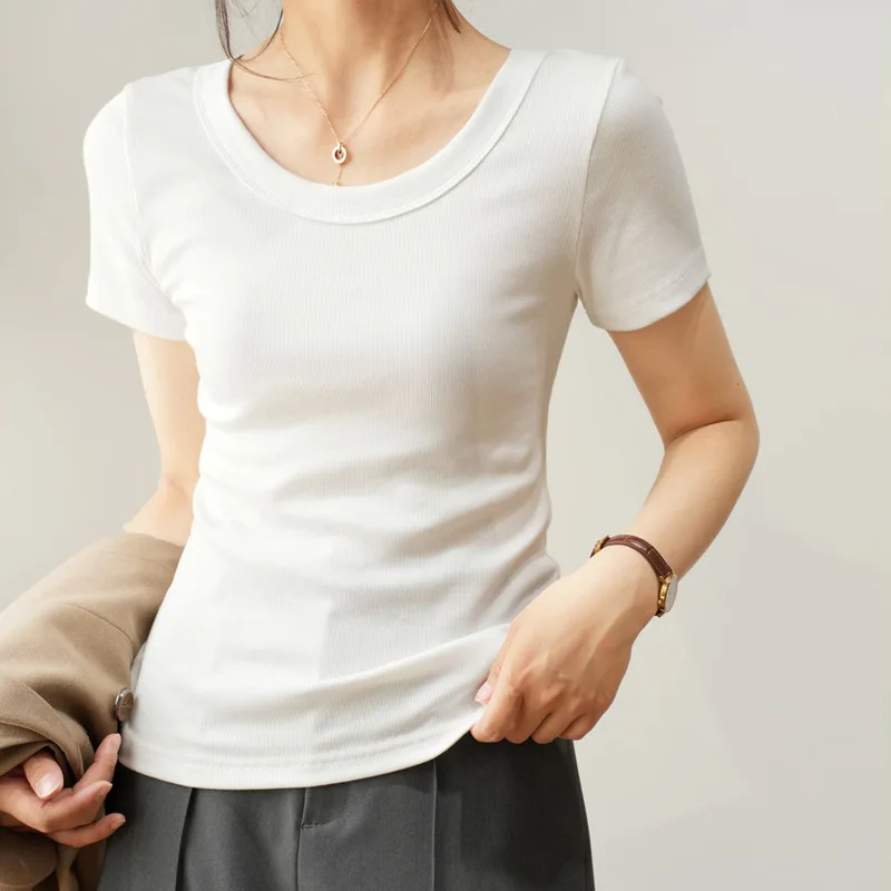 

Женские футболки в рубчик, однотонные тонкие корейские Стильные топы, шикарные элегантные базовые Топы с U-образным вырезом, женская блузка C5434