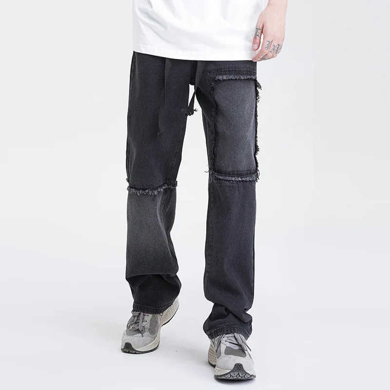 Fall new American high street hip hop straight Leg jeans fashion brand stitching beggar embroidered fashion jeans