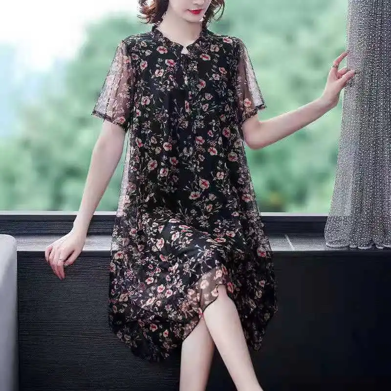 

Oversized Loose Printing Net Yarn O-neck Short Sleeve Floral Dress Summer Fashionable Lacing Loose A-line Skirt Women Clothing