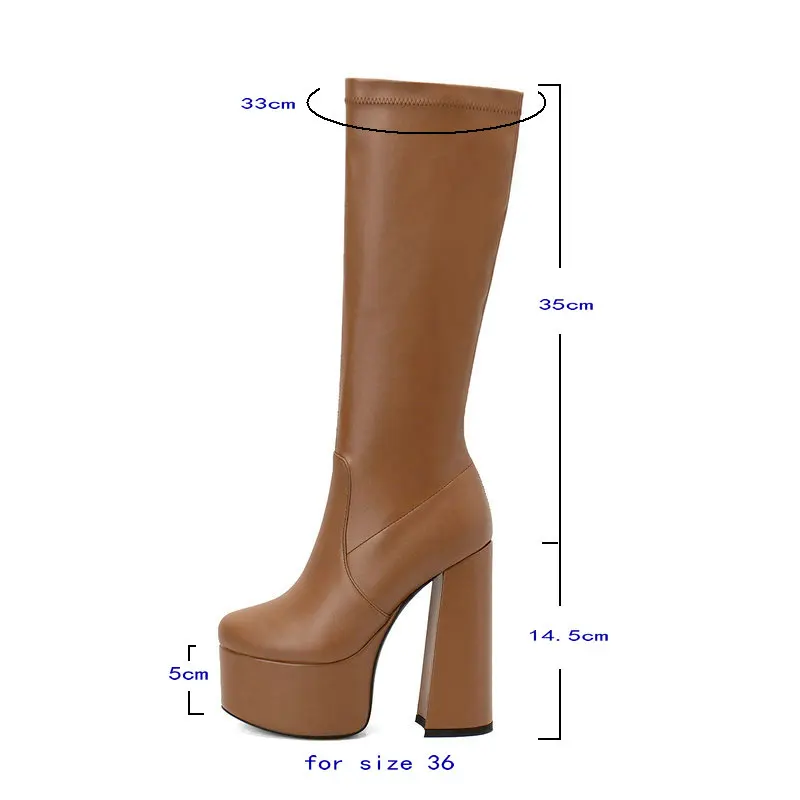 2022 Women Knee High Boots Platform Square High Heel Ladies Calf Boots Faux Leather Round Toe Side Zipper Women's Boots Big Size