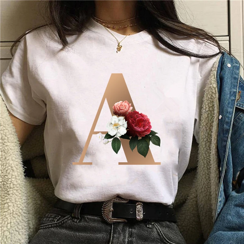 

Custom Name Letter Combination Women's High Quality Printing T-shirt Flower Letter Font A B C D E F G Short Sleeve Clothes